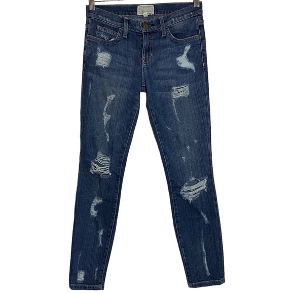 Current/Elliott The Stiletto Dark Shredded Distressed Mid Rise Ankle Jeans 25 - Picture 1 of 16